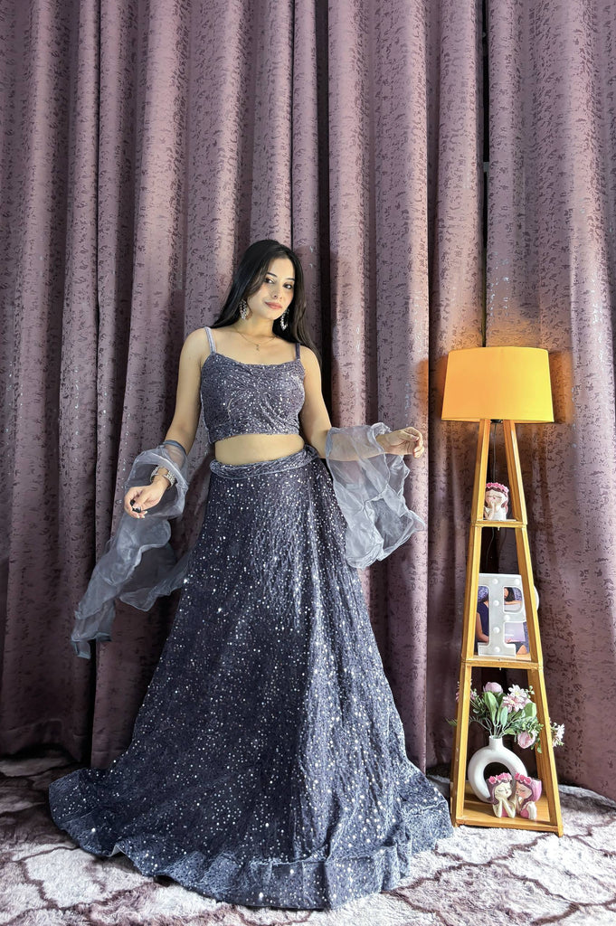 Gray Velvet Sequin Work Lehenga Set with Ruffle Organza Dupatta – Unstitched Blouse ClothsVilla