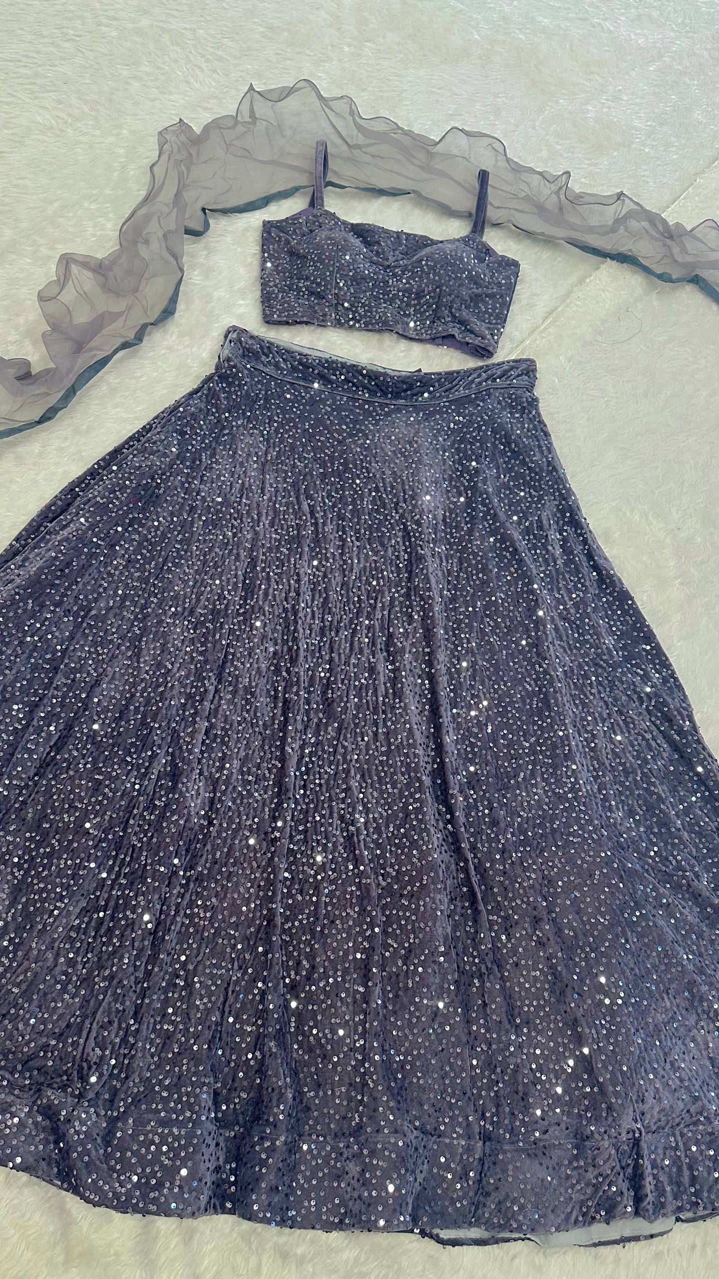 Gray Velvet Sequin Work Lehenga Set with Ruffle Organza Dupatta – Unstitched Blouse ClothsVilla