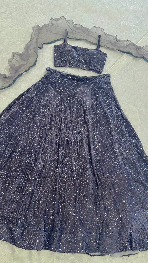 Gray Velvet Sequin Work Lehenga Set with Ruffle Organza Dupatta – Unstitched Blouse ClothsVilla