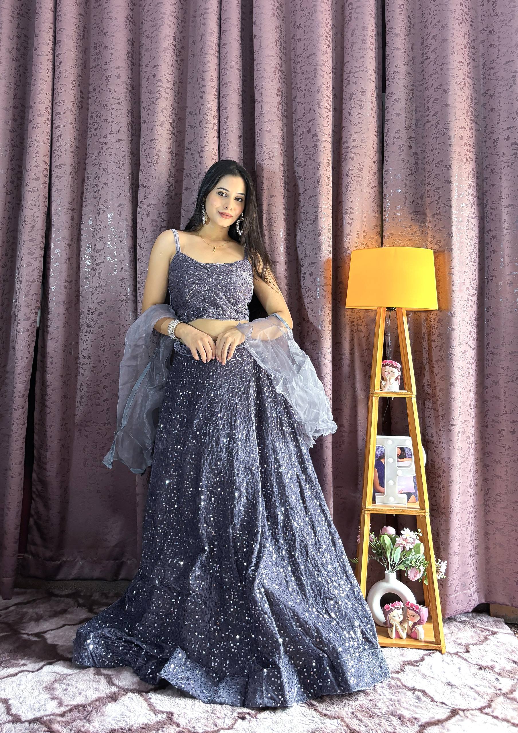 Gray Velvet Sequin Work Lehenga Set with Ruffle Organza Dupatta – Unstitched Blouse ClothsVilla