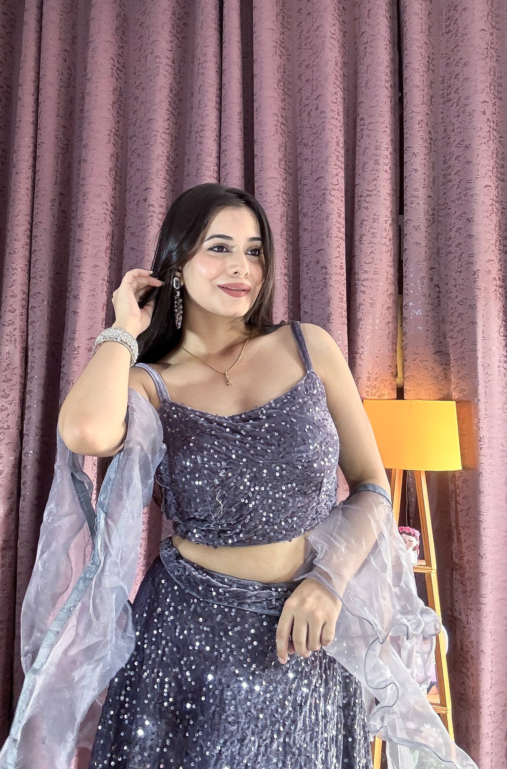 Gray Velvet Sequin Work Lehenga Set with Ruffle Organza Dupatta – Unstitched Blouse ClothsVilla
