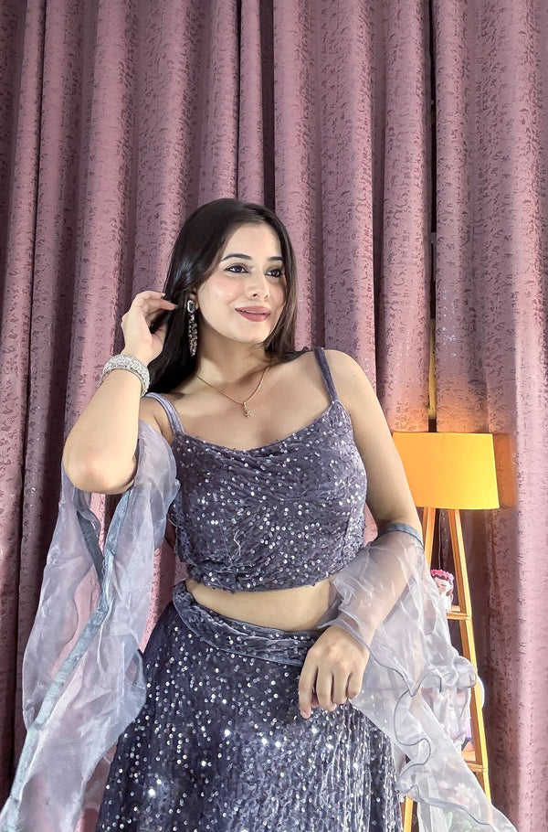 Gray Velvet Sequin Work Lehenga Set with Ruffle Organza Dupatta – Unstitched Blouse ClothsVilla