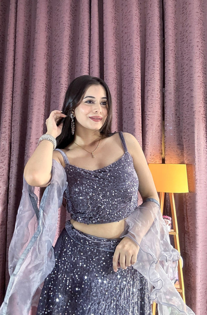 Gray Velvet Sequin Work Lehenga Set with Ruffle Organza Dupatta – Unstitched Blouse ClothsVilla
