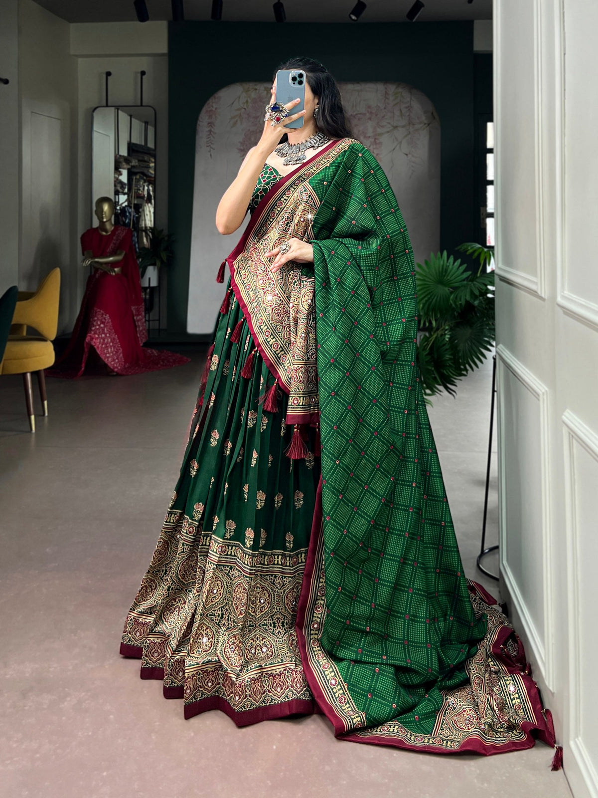 Green Ajrak Printed Lehenga Choli ClothsVilla