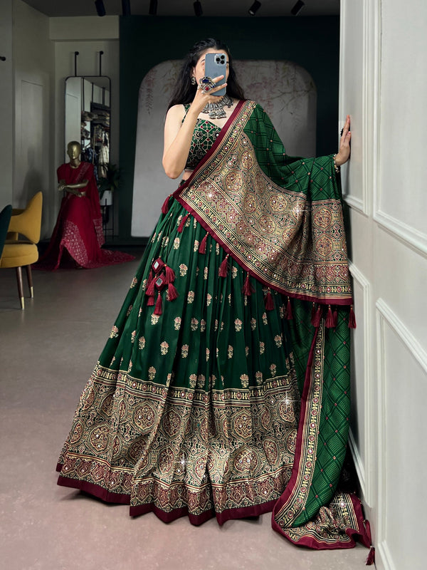 Green Ajrak Printed Lehenga Choli ClothsVilla