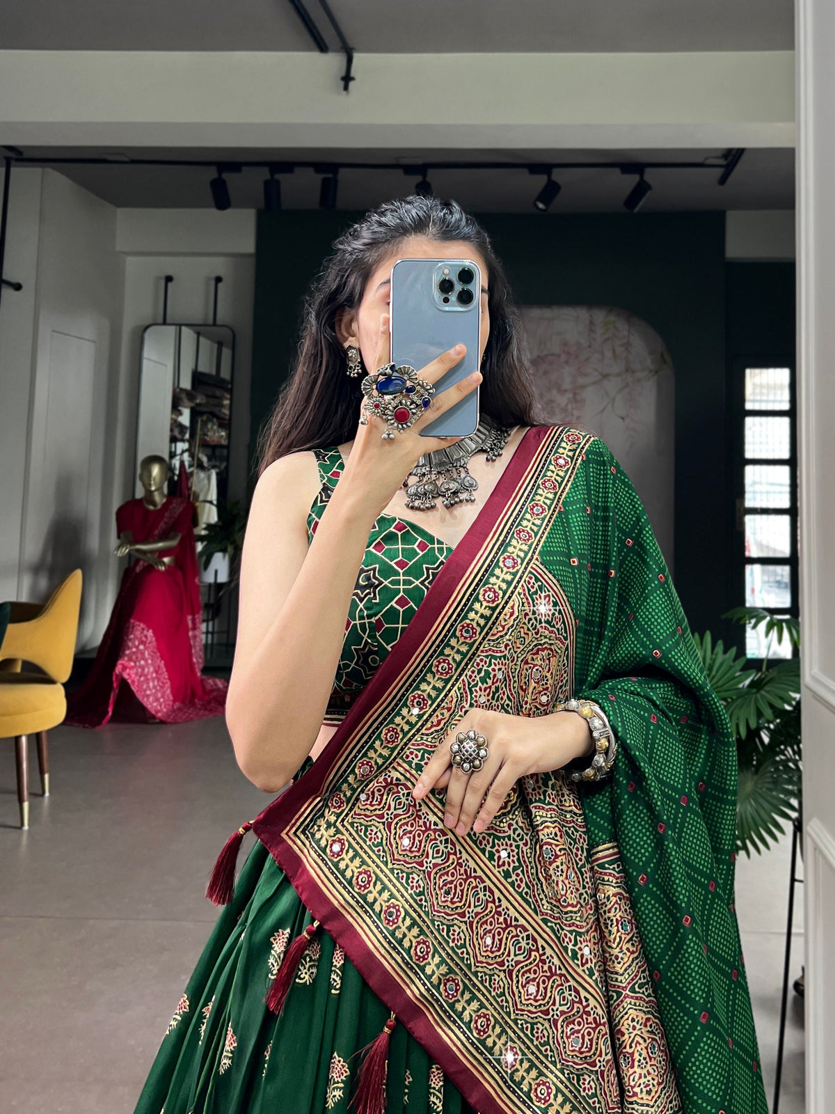 Green Ajrak Printed Lehenga Choli ClothsVilla