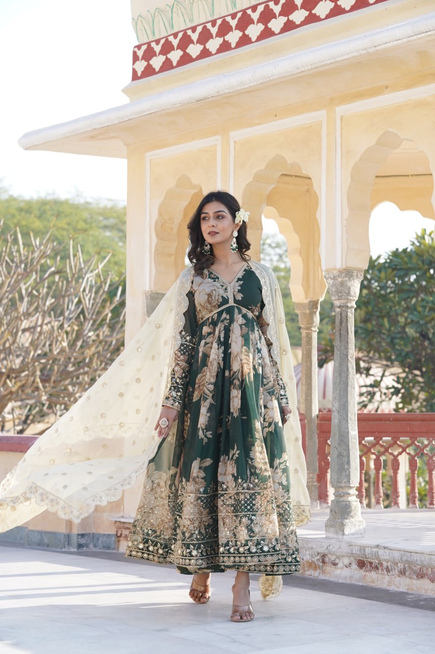 Luxurious Green Alia Cut Gown with Embroidered Dupatta Set ClothsVilla