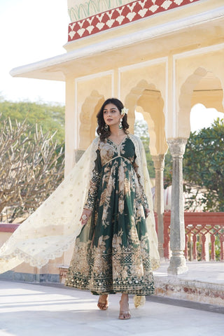 Luxurious Green Alia Cut Gown with Embroidered Dupatta Set ClothsVilla