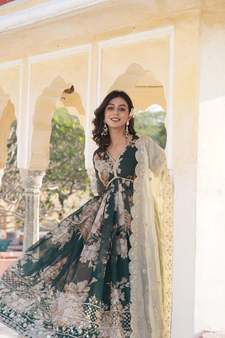 Luxurious Green Alia Cut Gown with Embroidered Dupatta Set ClothsVilla