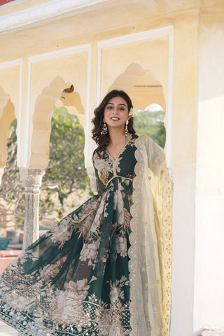 Luxurious Green Alia Cut Gown with Embroidered Dupatta Set ClothsVilla