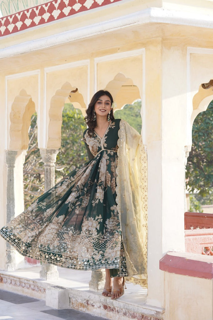 Luxurious Green Alia Cut Gown with Embroidered Dupatta Set ClothsVilla