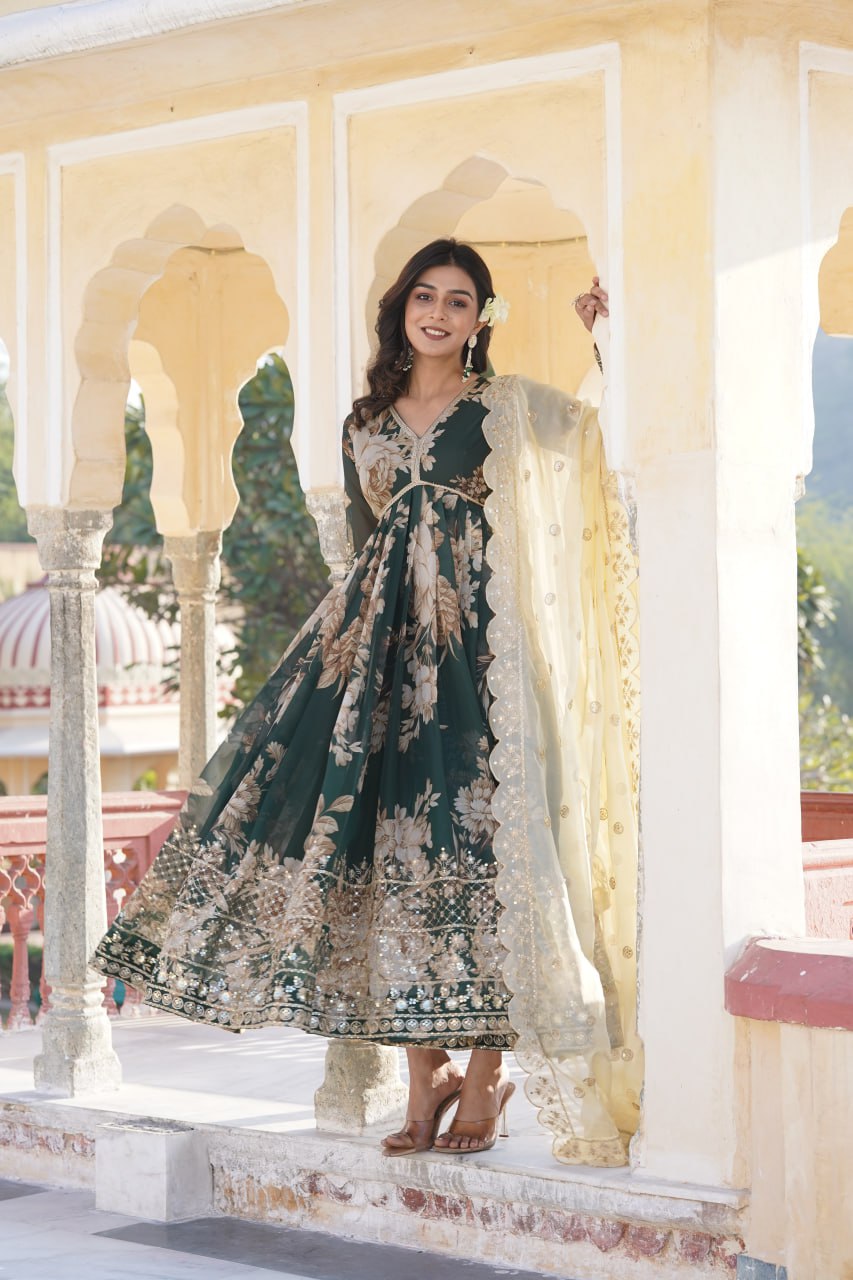 Luxurious Green Alia Cut Gown with Embroidered Dupatta Set ClothsVilla