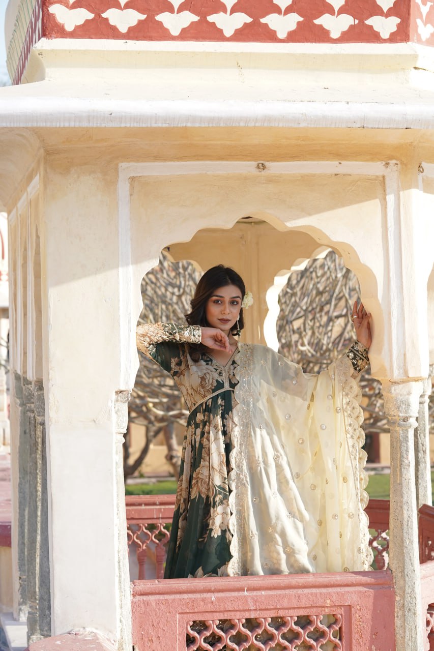 Luxurious Green Alia Cut Gown with Embroidered Dupatta Set ClothsVilla