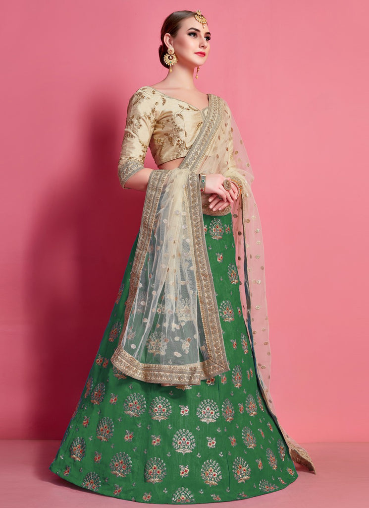 Green And Beige Pakistani Art Silk Lehenga Choli For Indian Festival & Weddings - Embroidery Work, Clothsvilla