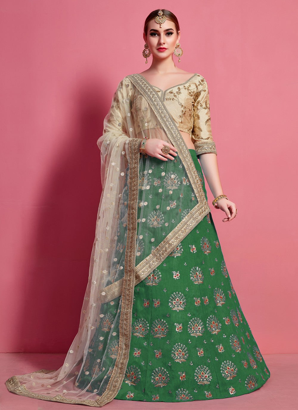 Green And Beige Pakistani Art Silk Lehenga Choli For Indian Festival & Weddings - Embroidery Work, Clothsvilla Main image