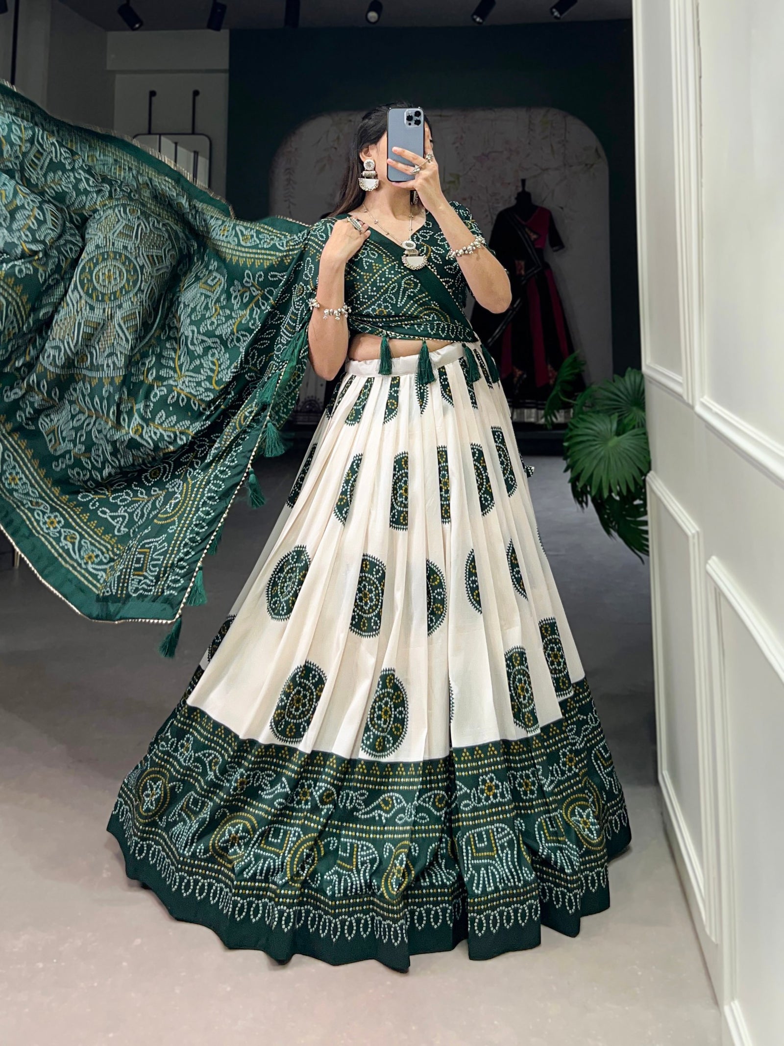 Green Artistry in Silk Tussar Lehenga Choli with Bandhej Print & Gotta Patti Accents