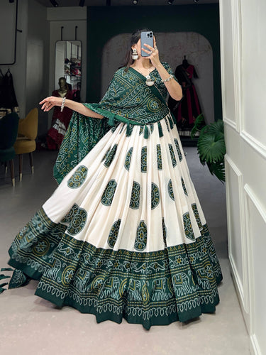 Green Artistry in Silk Tussar Lehenga Choli with Bandhej Print & Gotta Patti Accents