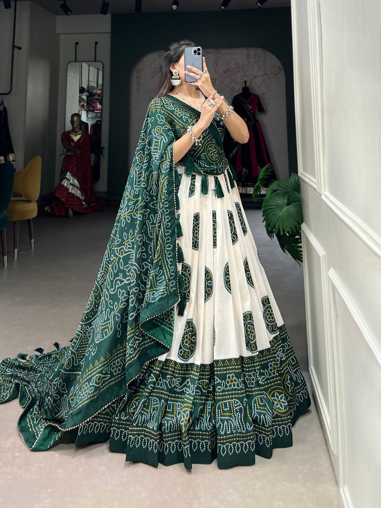 Green Artistry in Silk Tussar Lehenga Choli with Bandhej Print & Gotta Patti Accents