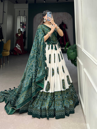Green Artistry in Silk Tussar Lehenga Choli with Bandhej Print & Gotta Patti Accents