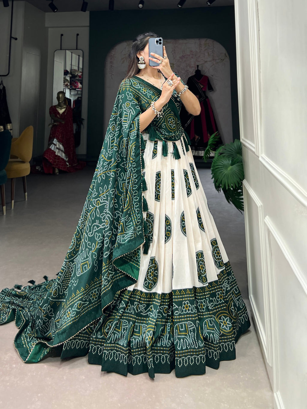 Green Artistry in Silk Tussar Lehenga Choli with Bandhej Print & Gotta Patti Accents