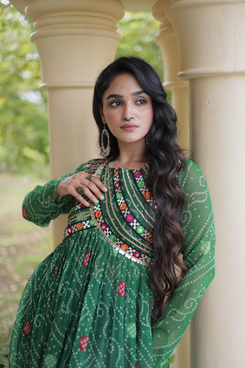 Green Bandhani Kurti with Patchwork ClothsVilla