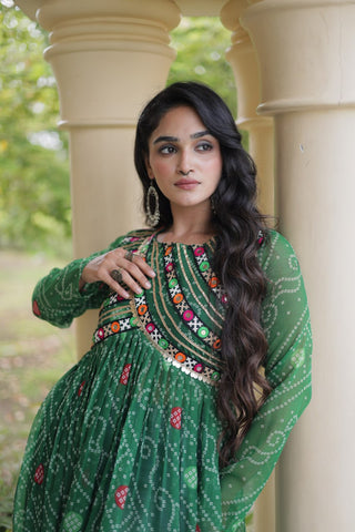 Green Bandhani Kurti with Patchwork ClothsVilla
