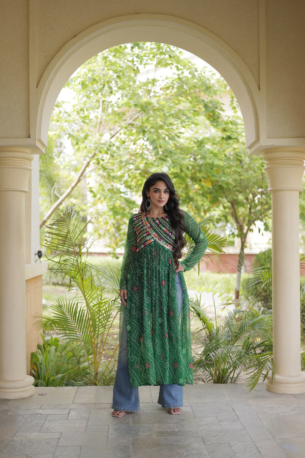 Green Bandhani Kurti with Patchwork ClothsVilla
