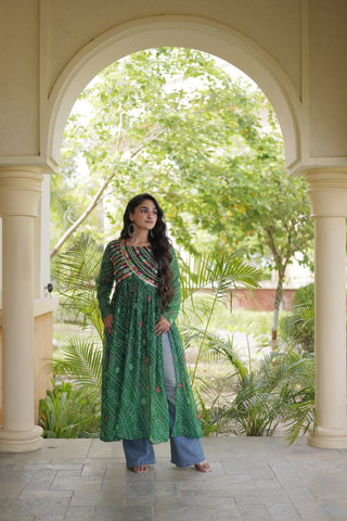 Green Bandhani Kurti with Patchwork ClothsVilla