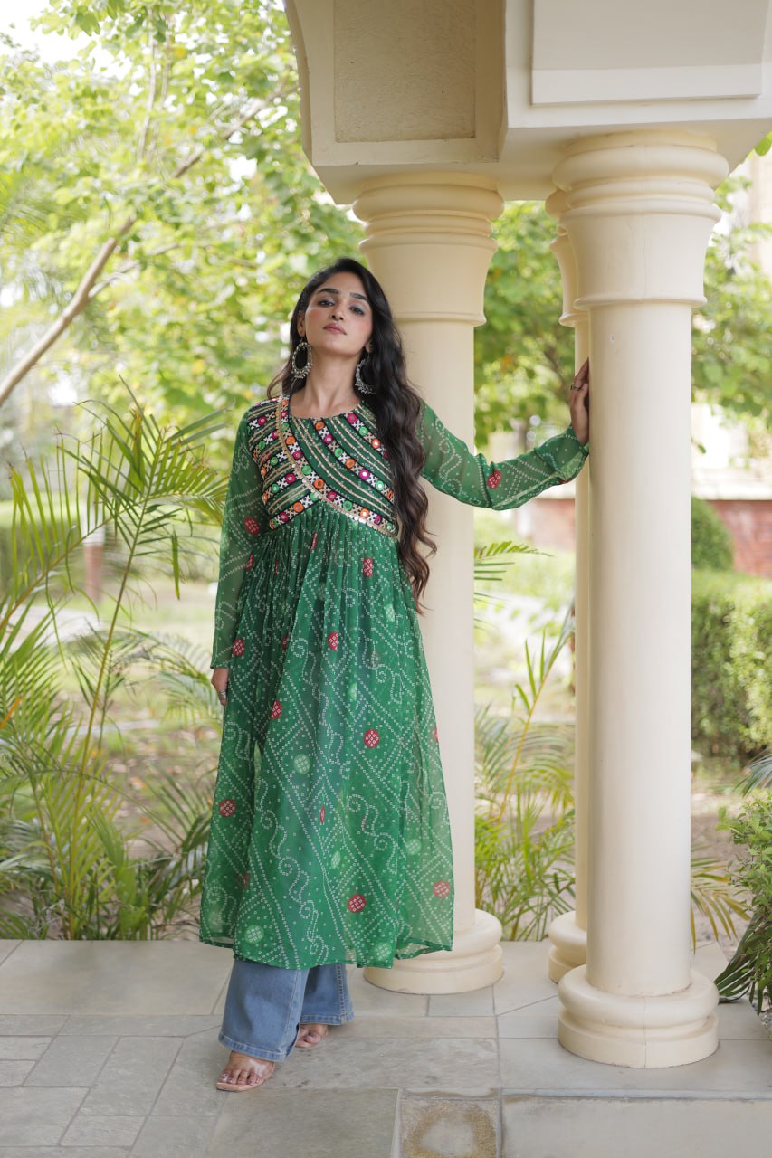 Green Bandhani Kurti with Patchwork ClothsVilla