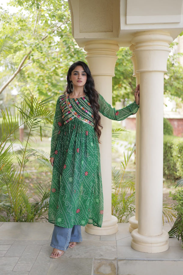 Green Bandhani Kurti with Patchwork ClothsVilla