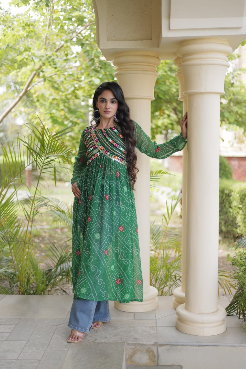 Green Bandhani Kurti with Patchwork ClothsVilla