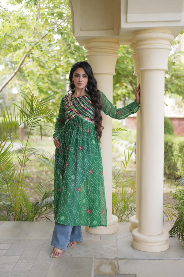 Green Bandhani Kurti with Patchwork ClothsVilla