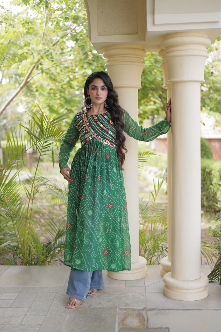 Green Bandhani Kurti with Patchwork ClothsVilla