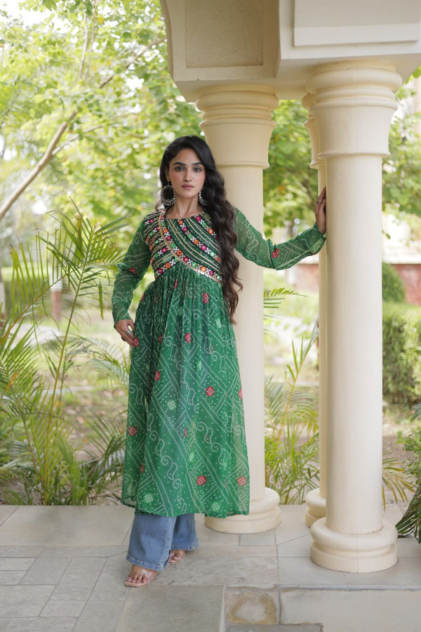 Green Bandhani Kurti with Patchwork ClothsVilla