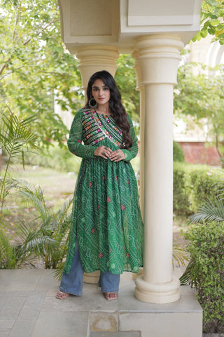 Green Bandhani Kurti with Patchwork ClothsVilla