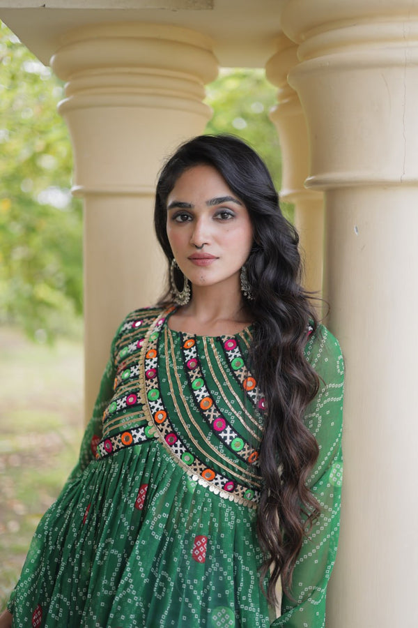Green Bandhani Kurti with Patchwork ClothsVilla