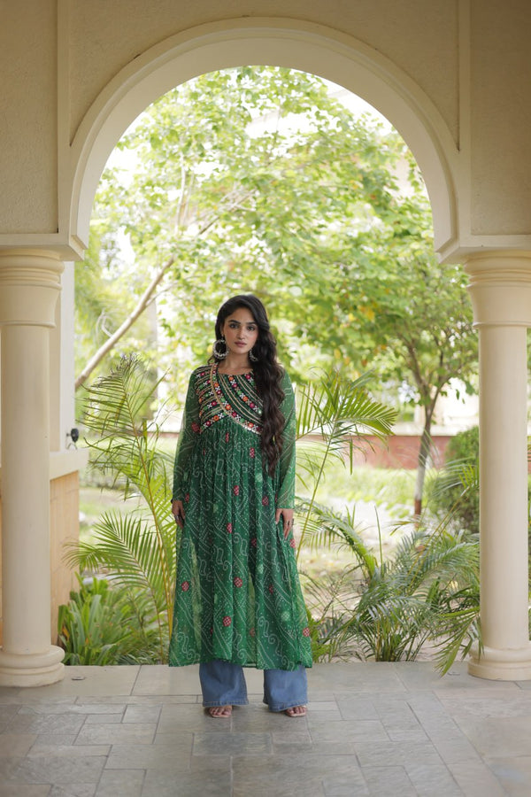 Green Bandhani Kurti with Patchwork ClothsVilla