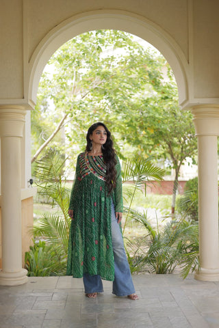 Green Bandhani Kurti with Patchwork ClothsVilla