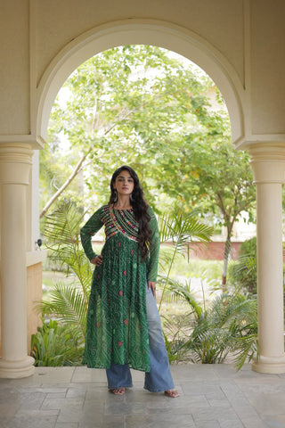 Green Bandhani Kurti with Patchwork ClothsVilla