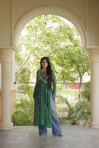 Green Bandhani Kurti with Patchwork ClothsVilla
