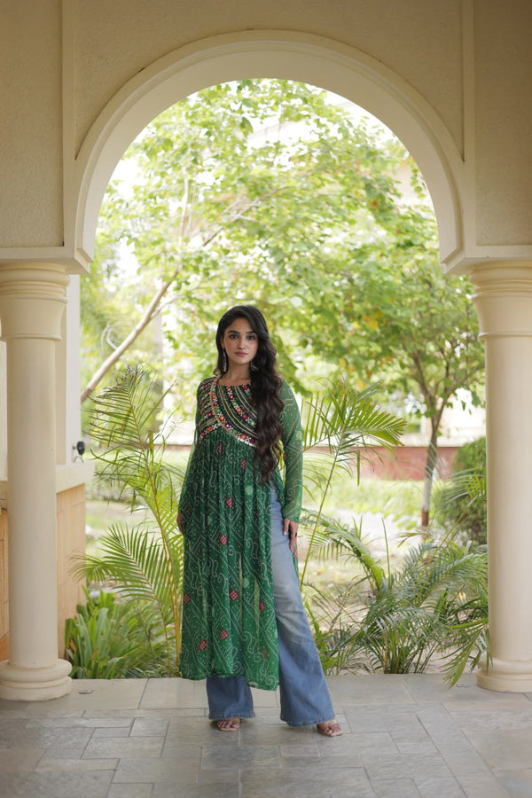 Green Bandhani Kurti with Patchwork ClothsVilla