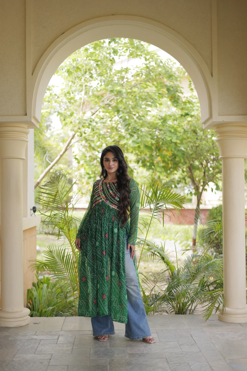 Green Bandhani Kurti with Patchwork ClothsVilla