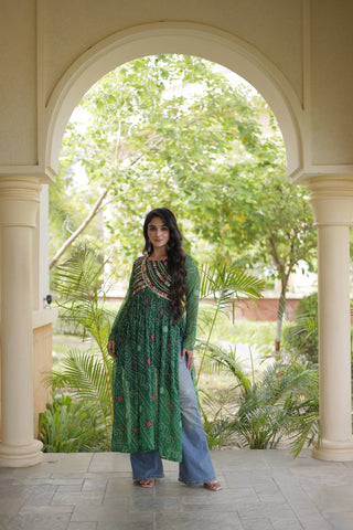 Green Bandhani Kurti with Patchwork ClothsVilla