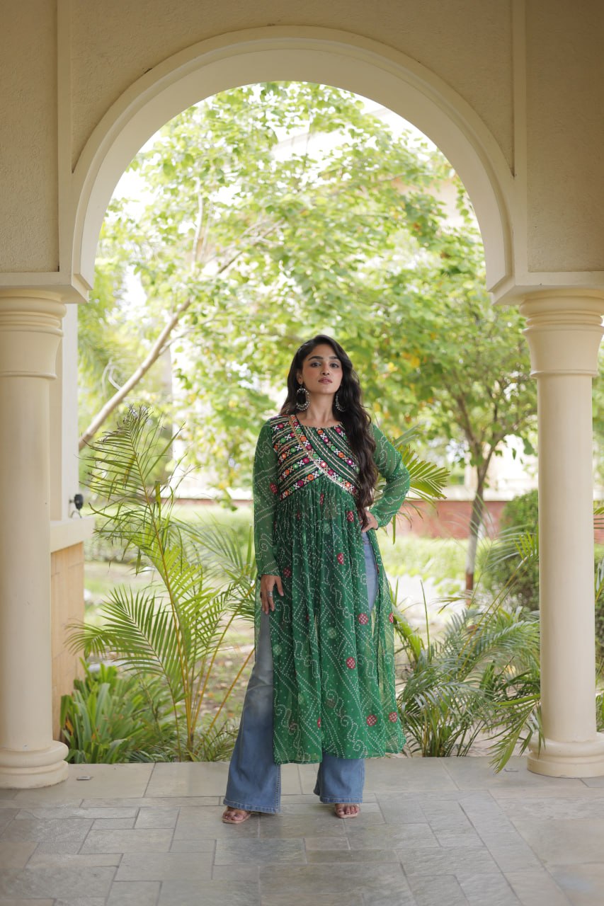 Green Bandhani Kurti with Patchwork ClothsVilla
