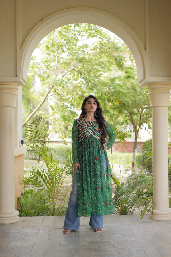 Green Bandhani Kurti with Patchwork ClothsVilla