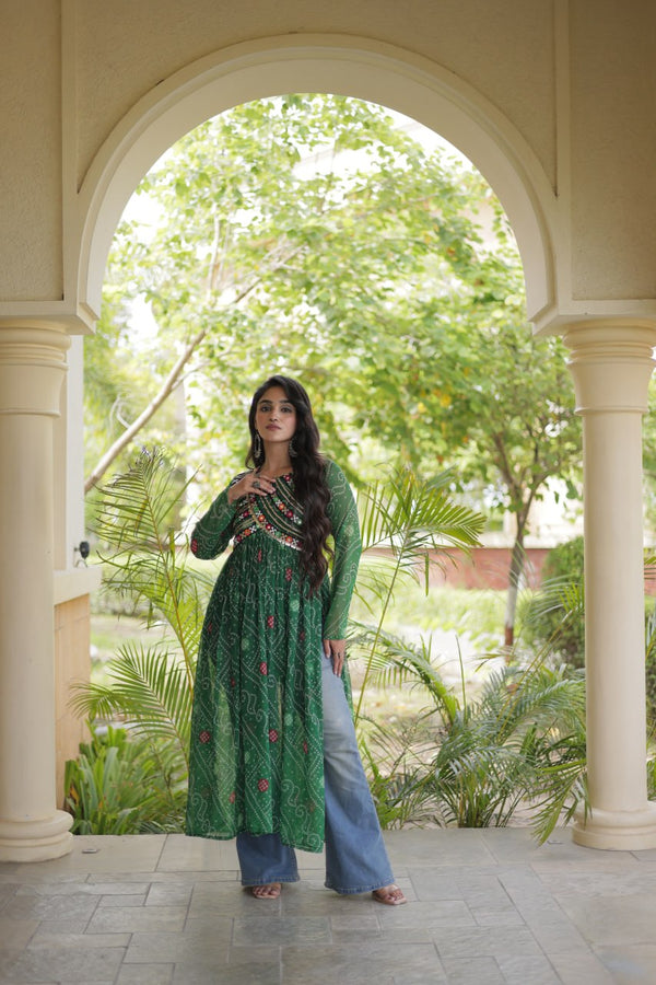 Green Bandhani Kurti with Patchwork ClothsVilla
