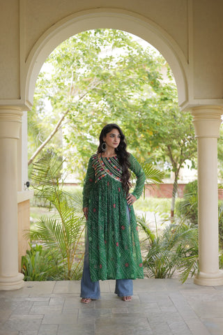 Green Bandhani Kurti with Patchwork ClothsVilla