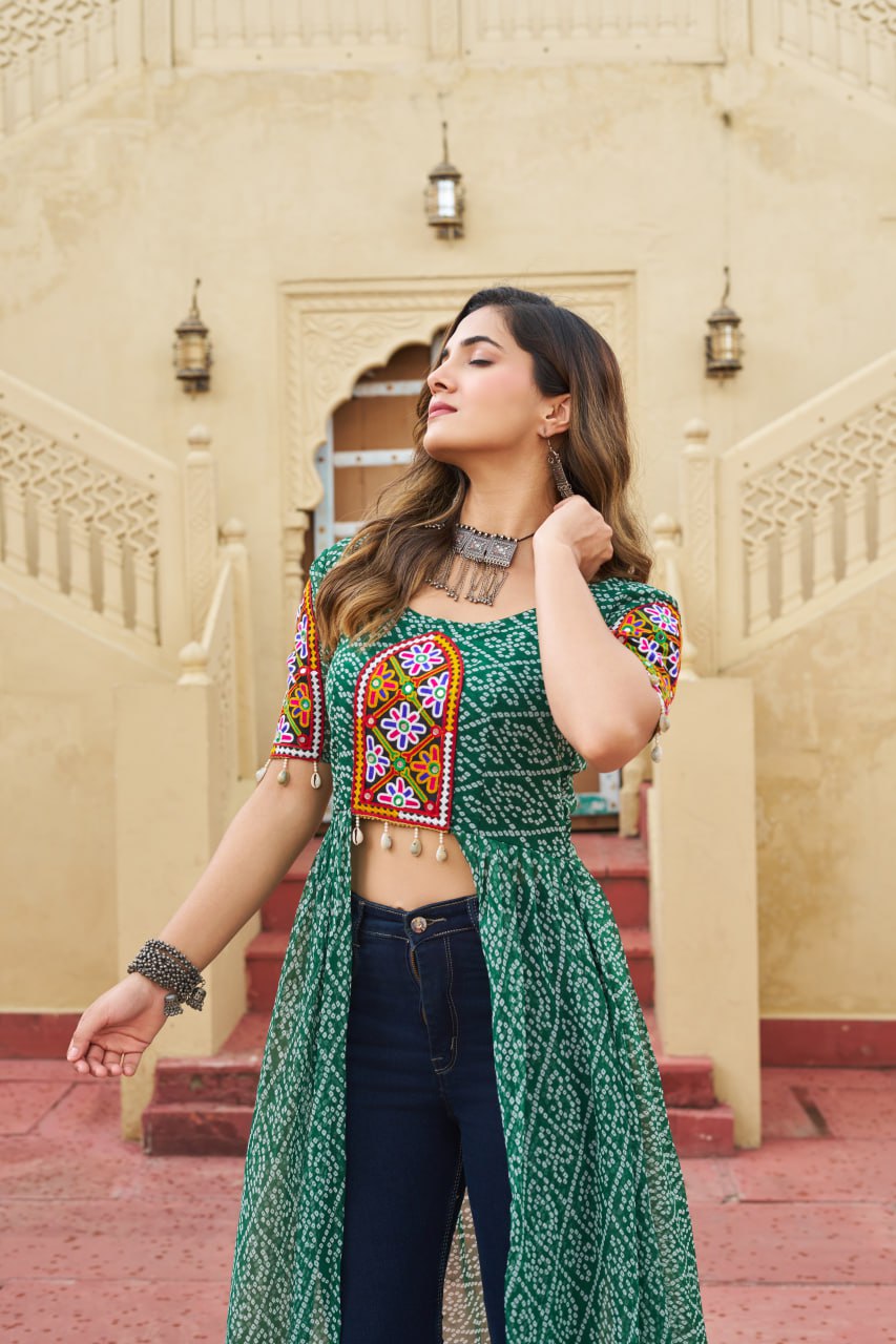 Green Bandhani Print Faux Georgette Kurti with Kutchi Patchwork ClothsVilla