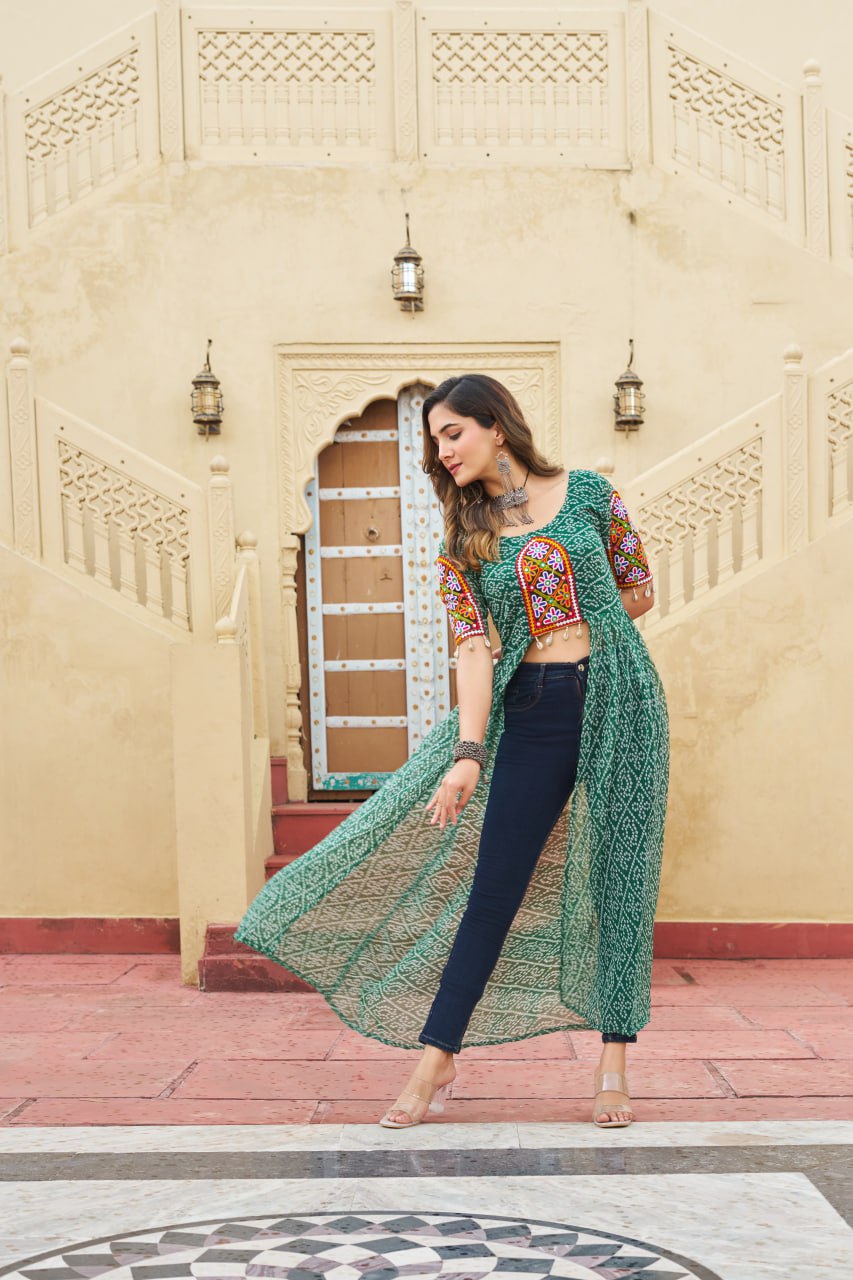 Green Bandhani Print Faux Georgette Kurti with Kutchi Patchwork ClothsVilla
