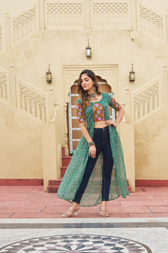 Green Bandhani Print Faux Georgette Kurti with Kutchi Patchwork ClothsVilla